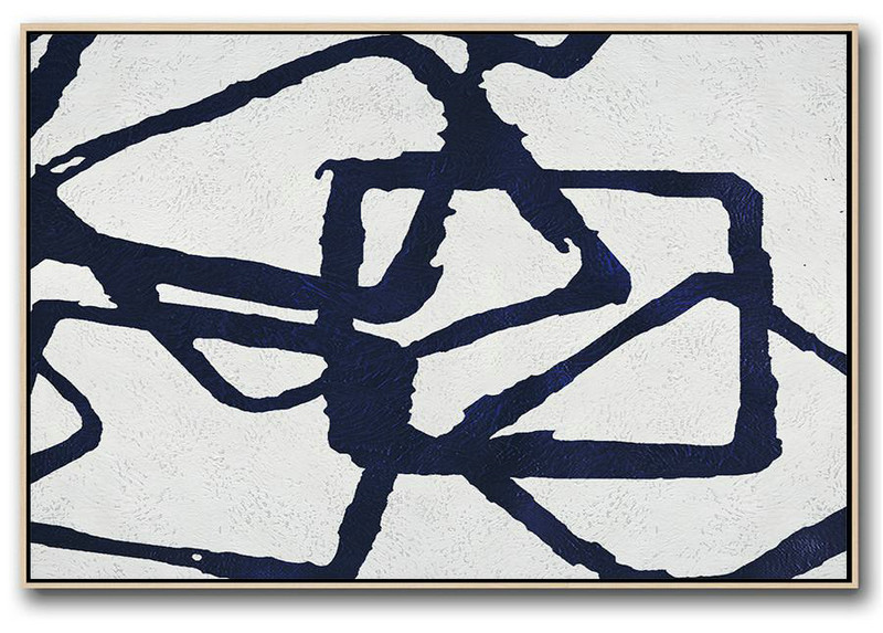 Hand Made Abstract Art,Horizontal Navy Painting Abstract Minimalist Art On Canvas,Canvas Artwork For Living Room